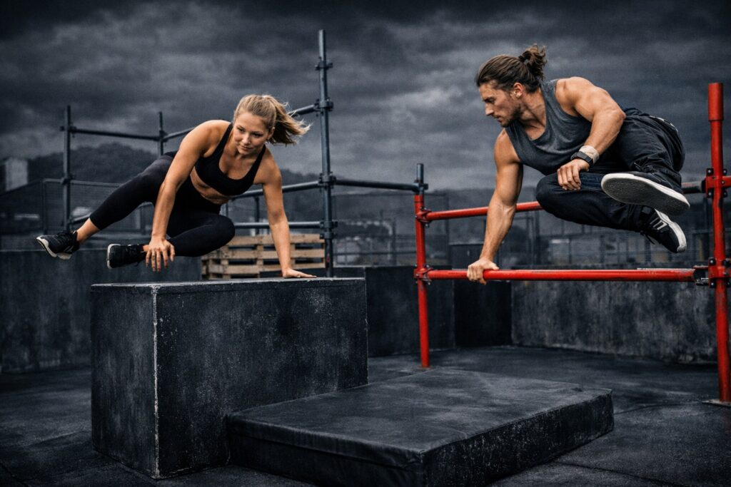 urban parkour in dramatic action